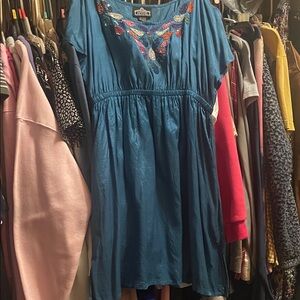 Angie Teal Kids Dress with Embroidery